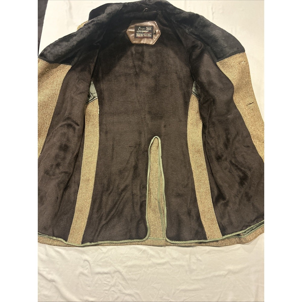 Vtg Sears Herringbone Wool Blend Coat Mens Large Faux Fur Collar Lined 60s 70s - Picture 5 of 16